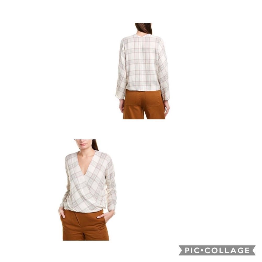Vince plaid academia ivory wrap surplice neck blouse S